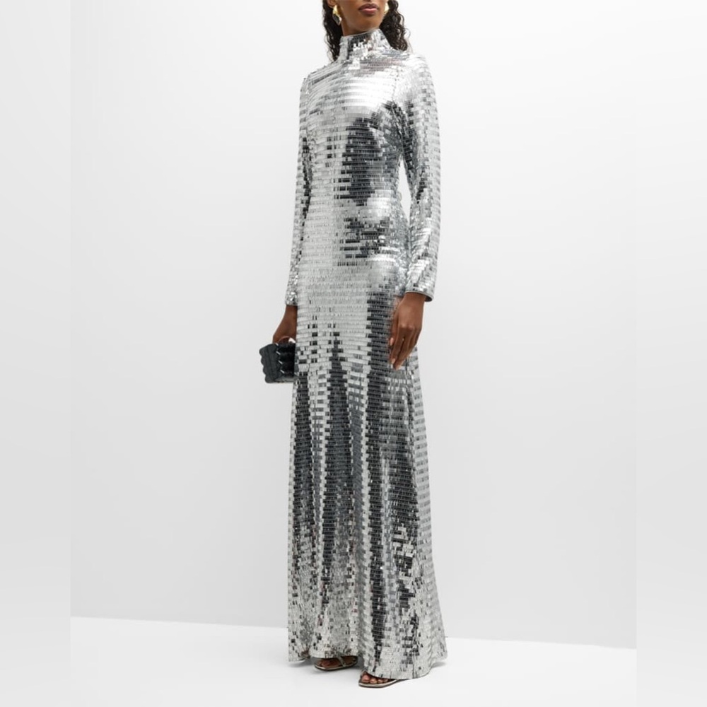 Simon Miller Silver Sequin Sculpty High Collar Maxi Dress Size 12